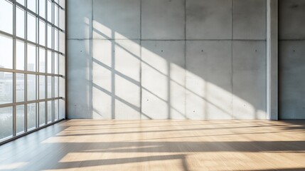 A bright, modern loft-style interior with large windows casting shadows on a concrete wall, flooded with natural light, creating a spacious and minimalist industrial atmosphere