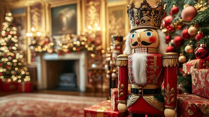 Fototapeta premium Festive Christmas scene featuring a nutcracker, decorated tree, and warm festive atmosphere in a cozy living room.