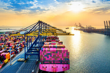 Cargo ship and cargo container in harbor
