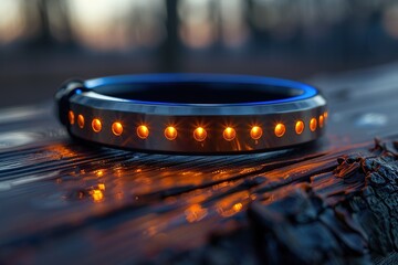 A bracelet with a blue band and yellow lights on it