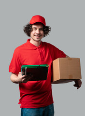 Smiling Postal Courier, Porter Man With Parcel Box. Happy Handyman Delivering