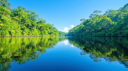 Lush Amazon Rainforest in Anavilhanas National Park, vibrant greenery, diverse wildlife, tranquil waterways, a pristine ecosystem teeming with life in Brazil's Amazonas region
