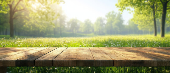 Fototapeta premium A serene outdoor scene featuring a wooden table in a lush green field with trees.