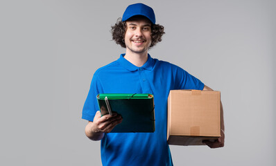 Smiling Postal Courier in blue uniform, Porter Man With Parcel Box. Happy Handyman, Home Delivering