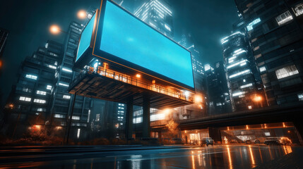 Futuristic cityscape at night with tall buildings, illuminated windows, and a large, blank digital billboard. The scene features wet streets with reflections and warm street lights.