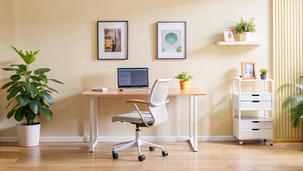 A minimalist home office with a desk, chair, laptop, plants, and shelves.