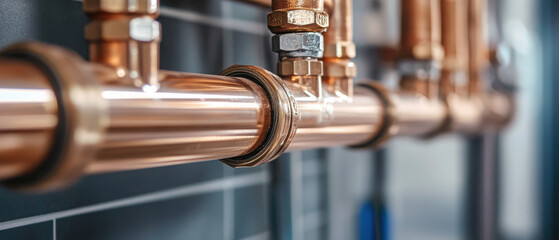 Close-up of copper plumbing pipes with fittings and seals, indicating plumbing infrastructure.