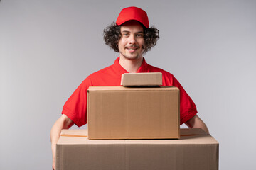 Smiling Postal Courier, Porter Man With Parcels Boxes. Happy Handyman Delivering