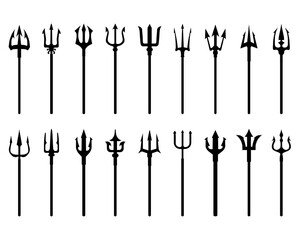 Set of tridents, black silhouettes on a white background	