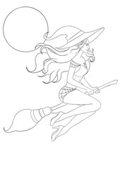 illustration d'une sorcière sur sont ballet volant au claire de lune, dessin ligne 
