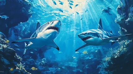 Vibrant underwater scene featuring two majestic sharks swimming gracefully in blue ocean waters, surrounded by diverse marine life.