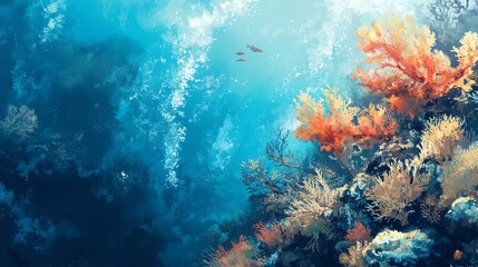 Fototapeta premium Vibrant underwater scene showcasing colorful coral reefs and clear blue water, teeming with marine life and tranquility.