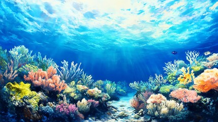 Naklejka premium Vibrant underwater scene showcasing colorful corals and marine life, illuminated by sunlight filtering through the ocean surface.