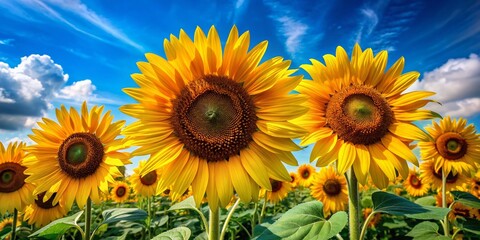 Vibrant yellow petals and dark centers of sunflowers stretch towards the sky, filling the air with warmth against a brilliant blue summer background.