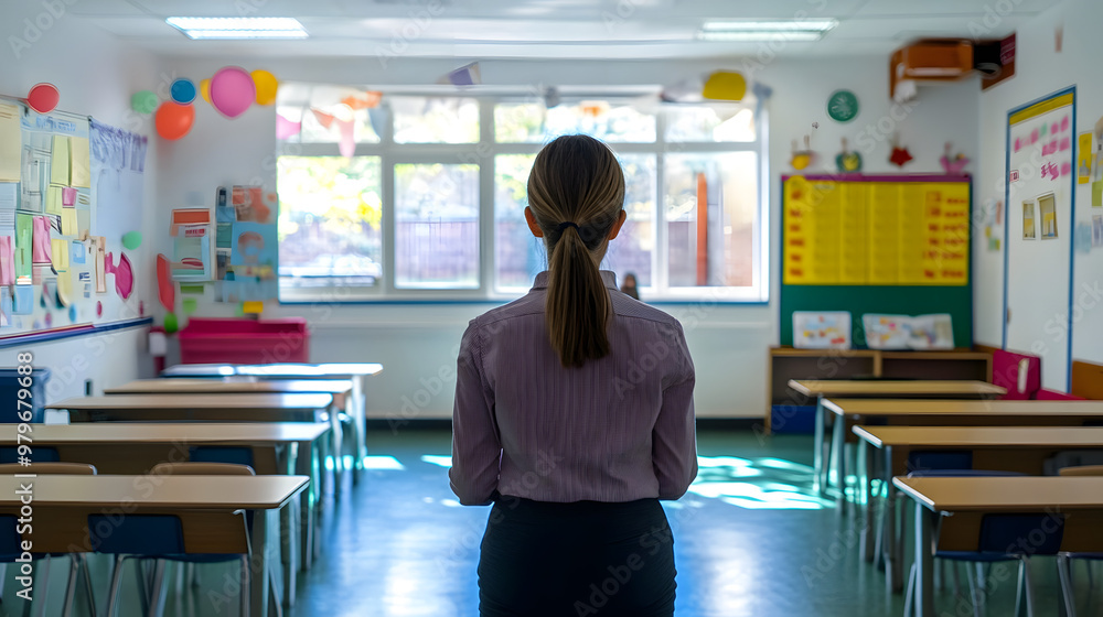 Aufkleber a primary school teacher stands facing an empty classroom, readying for a day of learning and intera