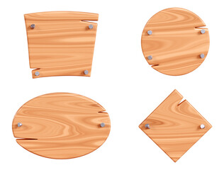 Wooden plaque set with cracks and nails for text box. Cartoon 3d render illustration of signboard with brown wood texture. Vintage rustic timber plank, nameplate or board frame with fracture.