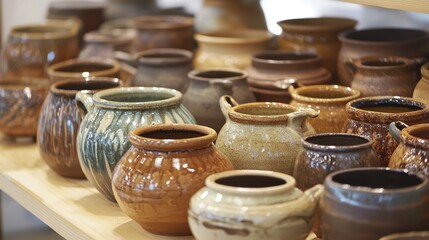 Thanksgiving pottery sale in a local art gallery, featuring autumn-inspired ceramics created by artists of different backgrounds