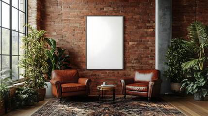Fototapeta premium Cozy living room featuring leather chairs, a beautiful rug, and natural light from large windows, perfect for relaxation.