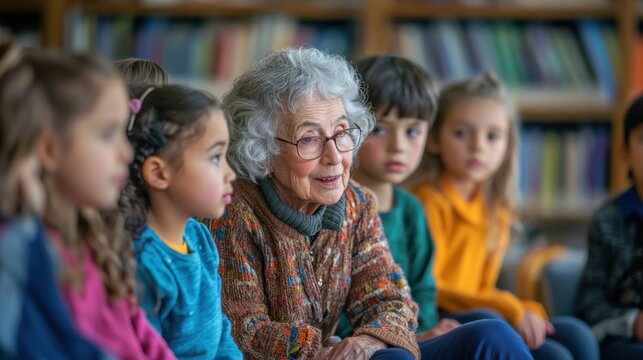 Thanksgiving storytelling session in a cozy library with children from different backgrounds listening attentively to an elder
