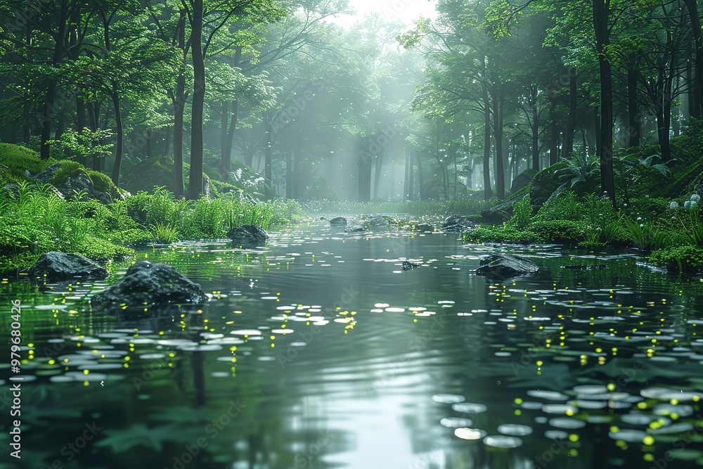 Poster a forest with a river running through it
