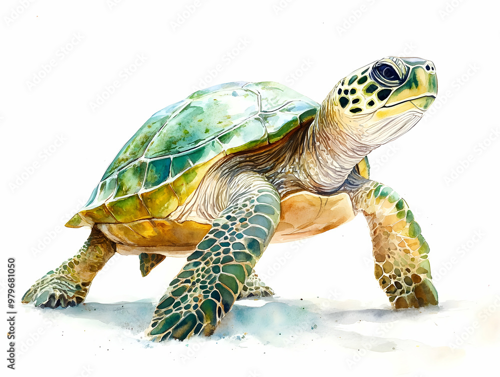 Poster a vibrant turtle illustration showcasing detailed shell patterns and realistic features, perfect for