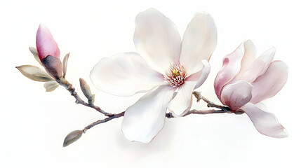 Obraz premium Delicate magnolia flowers on a branch, showcasing soft pink and white petals, perfect for springtime themes and nature designs.