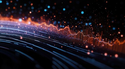 Vibrant abstract digital wave, illustrating sound frequencies with bright particles and smooth curves against a dark backdrop.