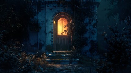 A luminous doorway leads to a darkly magical haunting house