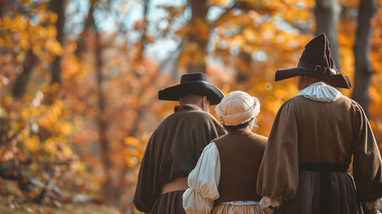Fototapeta premium Thanksgiving Pilgrims in traditional attire, Thanksgiving day