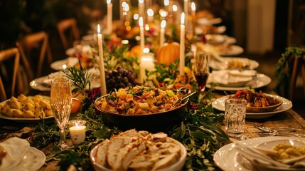 Thanksgiving dinner table set for a large group with a mix of traditional dishes and international flavors surrounded by candles and decor