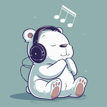recommend clip art: Cute teddy bear listening to music, wearing headphones, sitting on the floor, eyes closed