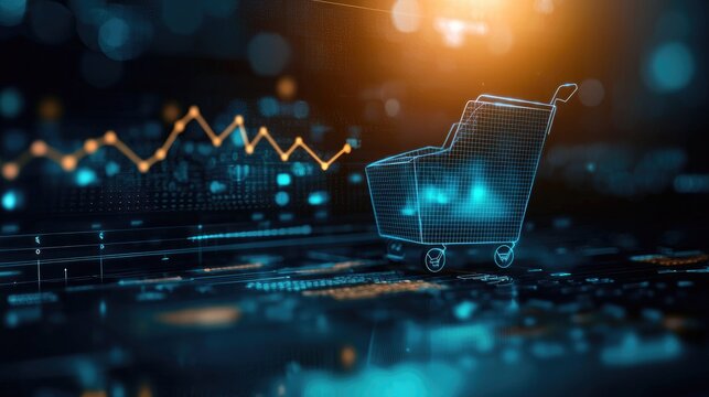 A futuristic shopping cart overlayed with digital graphs representing online commerce and data analytics. - Powered by Adobe