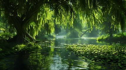 Fototapeta premium A lush green region with a lovely river made of intertwined willow leaves that falls pure water