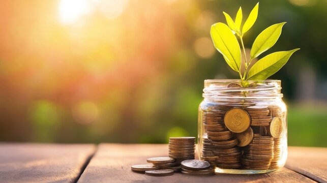 A jar filled with coins and a small plant, symbolizing growth, savings, and the fusion of nature with financial prosperity.