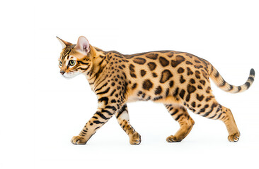 A beautiful Bengal cat showcasing its striking coat pattern as it gracefully walks against a clean white background.