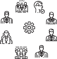 Digital business teamwork icons and logos vector set, business symbols, outline and line art illustration design.
