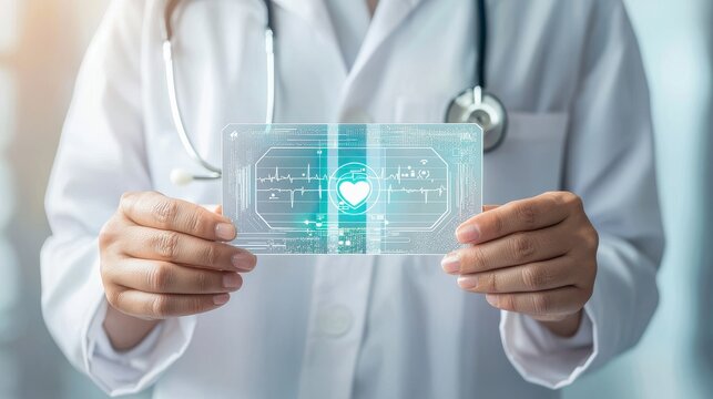 Hands holding a futuristic digital health insurance card with a clean, white minimalist background, ideal for promoting healthcare and medical tech advancements