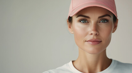 Retrato de una mujer con una gorra rosa. Vestida con ropa deportiva elegante para practicar deporte de lujo.
