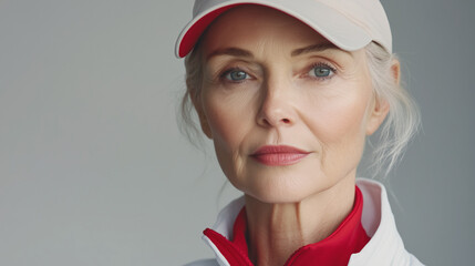 Retrato de una mujer mayor con una gorra y vestida con ropa deportiva elegante para practicar deporte de lujo.