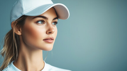 Retrato de una mujer rubia con una gorra blanca. Vestida con ropa deportiva elegante para practicar deporte de lujo.