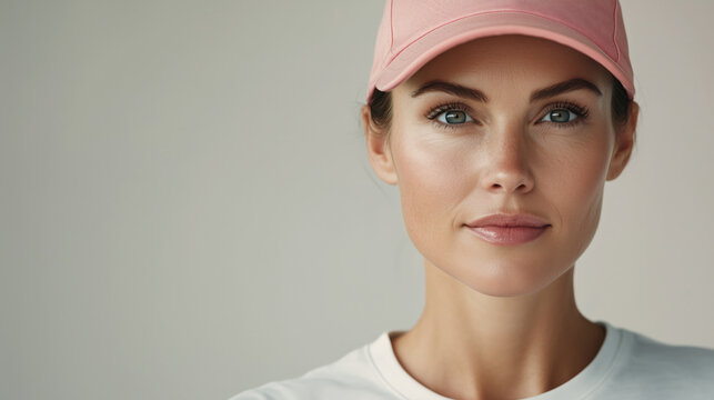 Retrato de una mujer con una gorra rosa. Vestida con ropa deportiva elegante para practicar deporte de lujo.