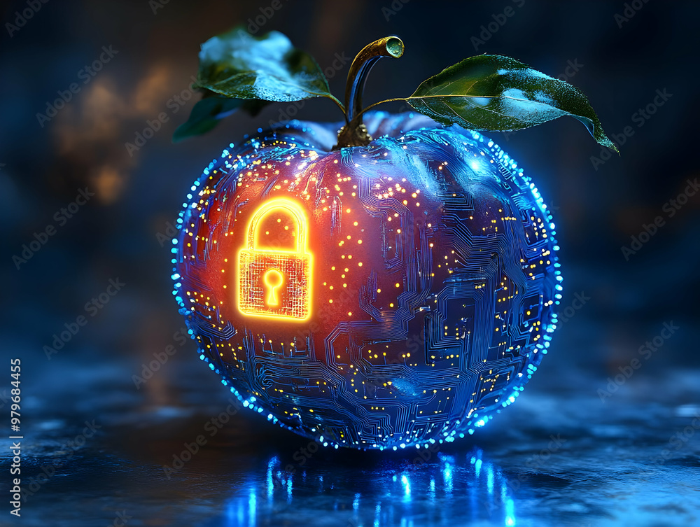 Poster a futuristic apple with glowing circuits and a lock symbol, representing digital security and techno