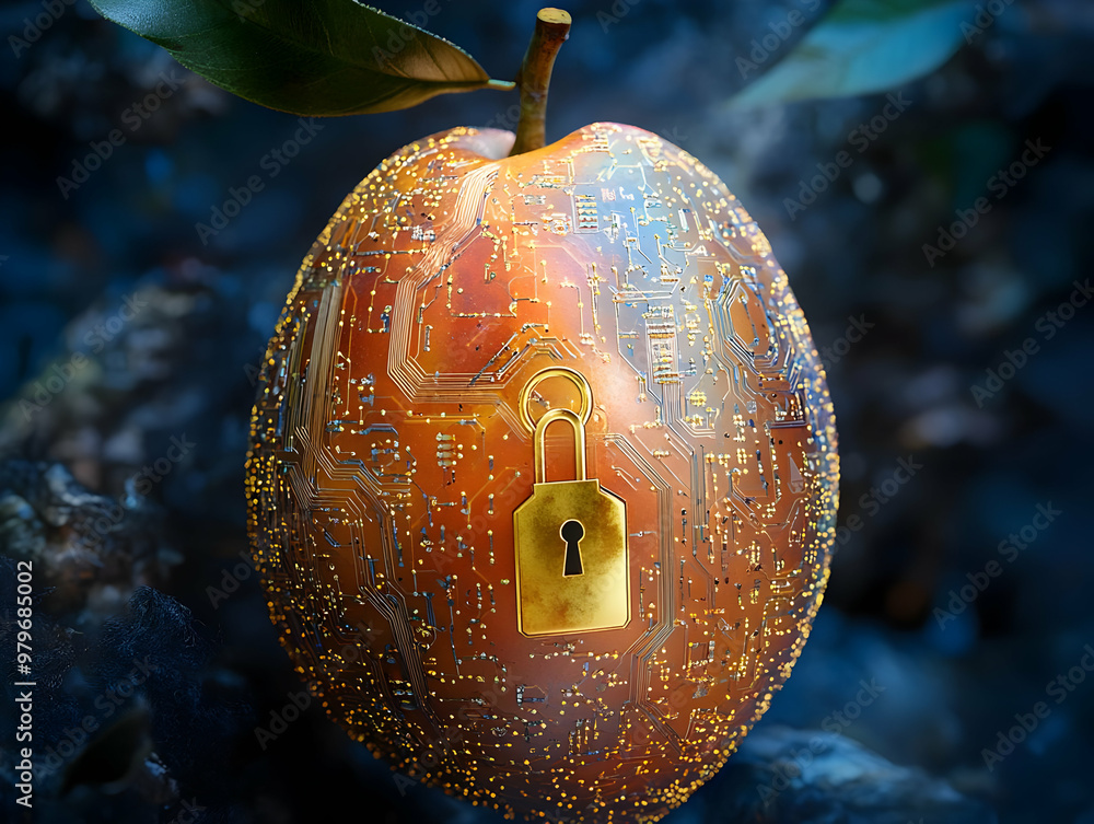 Poster a futuristic apple with circuit patterns and a lock symbolizing digital security and innovation in t