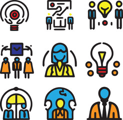 Digital business teamwork icons and logos vector set, business symbols, outline art illustration design.