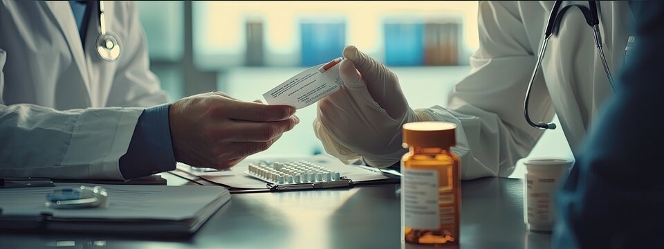 a doctor writes a prescription for pills to a patient. Selective focus