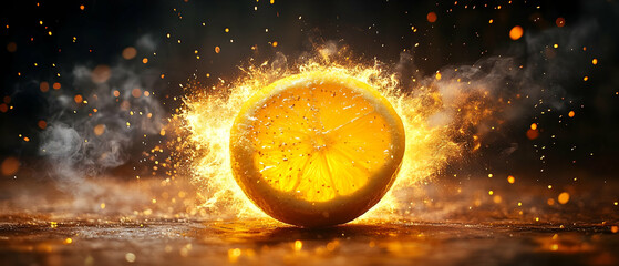 Vibrant orange fruit surrounded by flames, creating an energetic and dynamic visual perfect for artistic projects.