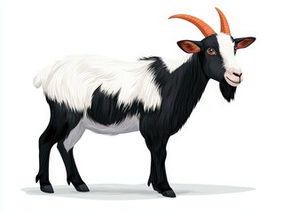 Fototapeta premium A realistic illustration of a black and white goat with prominent horns, ideal for farm, animal, or nature themes.