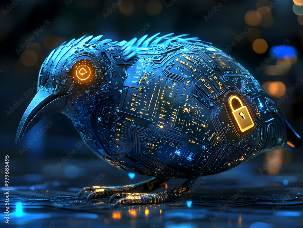 Poster a futuristic robotic bird with circuit patterns and glowing elements, symbolizing technology and sec