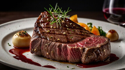 A5 Japanese Wagyu beef steak. Juicy and tasty steak served on a white plate. 