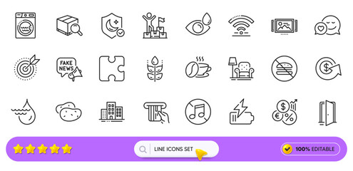 Target purpose, Potato and Fake news line icons for web app. Pack of Search package, Hydroelectricity, Puzzle pictogram icons. Credit card, Battery, Eye drops signs. No music, Coffee cup. Vector